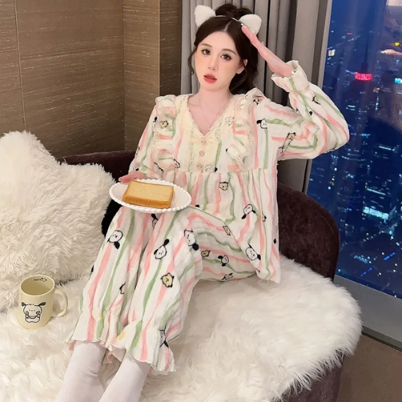 5XL Sweet Cartoon Flannel Pajamas Women Plus Size Winter Thickened Warm Loungewear Long Sleeve Trouser Suit Loose Outside Wear