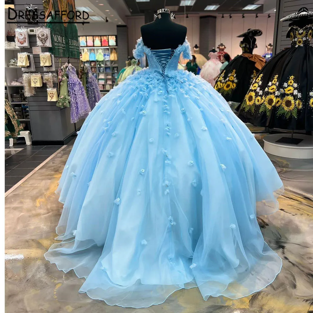 

Princess Sky Blue Off The Shoulder Ball Gown Quinceanera Dresses For Girls Beaded Celebrity Party Gowns 3D Flowers Graduation