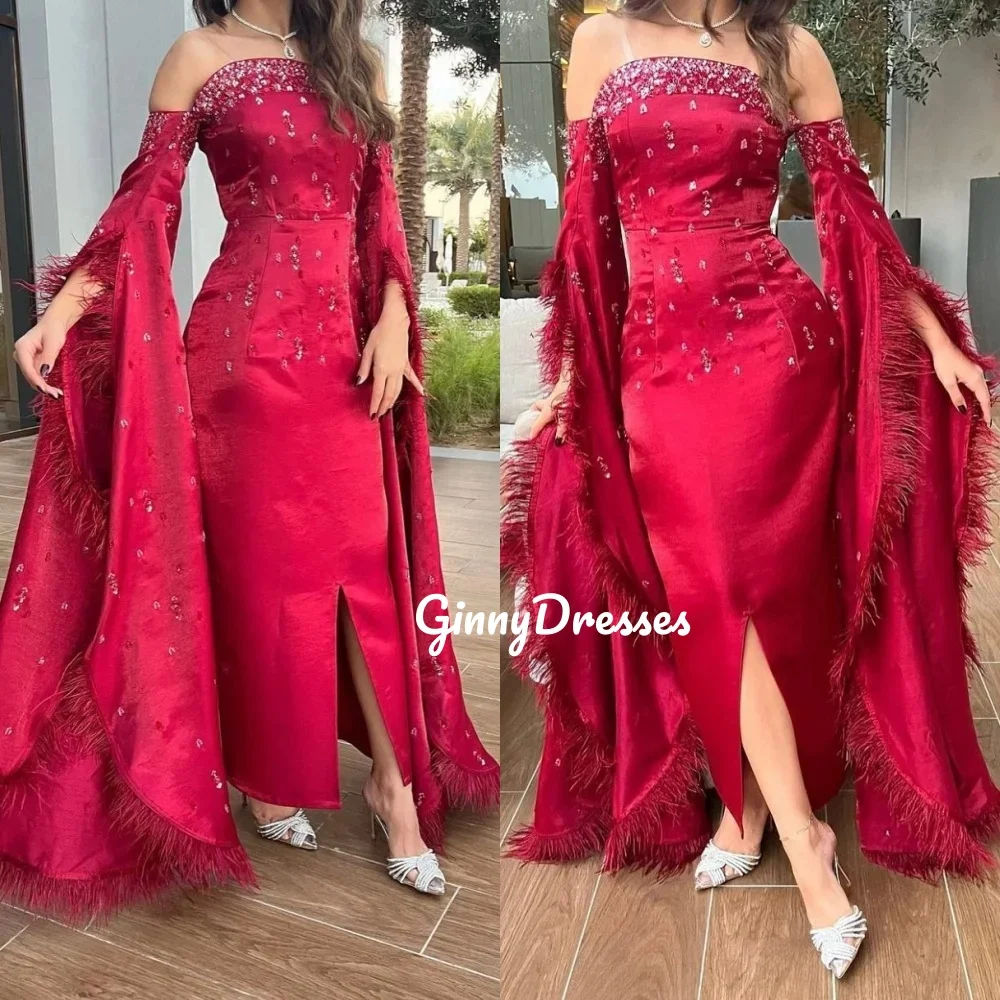 Customized Luxury Evening Dresses Slit Feathers Pleats Crystal Evening Dresses Classic Strapless Off The Shoulder Satin Straight