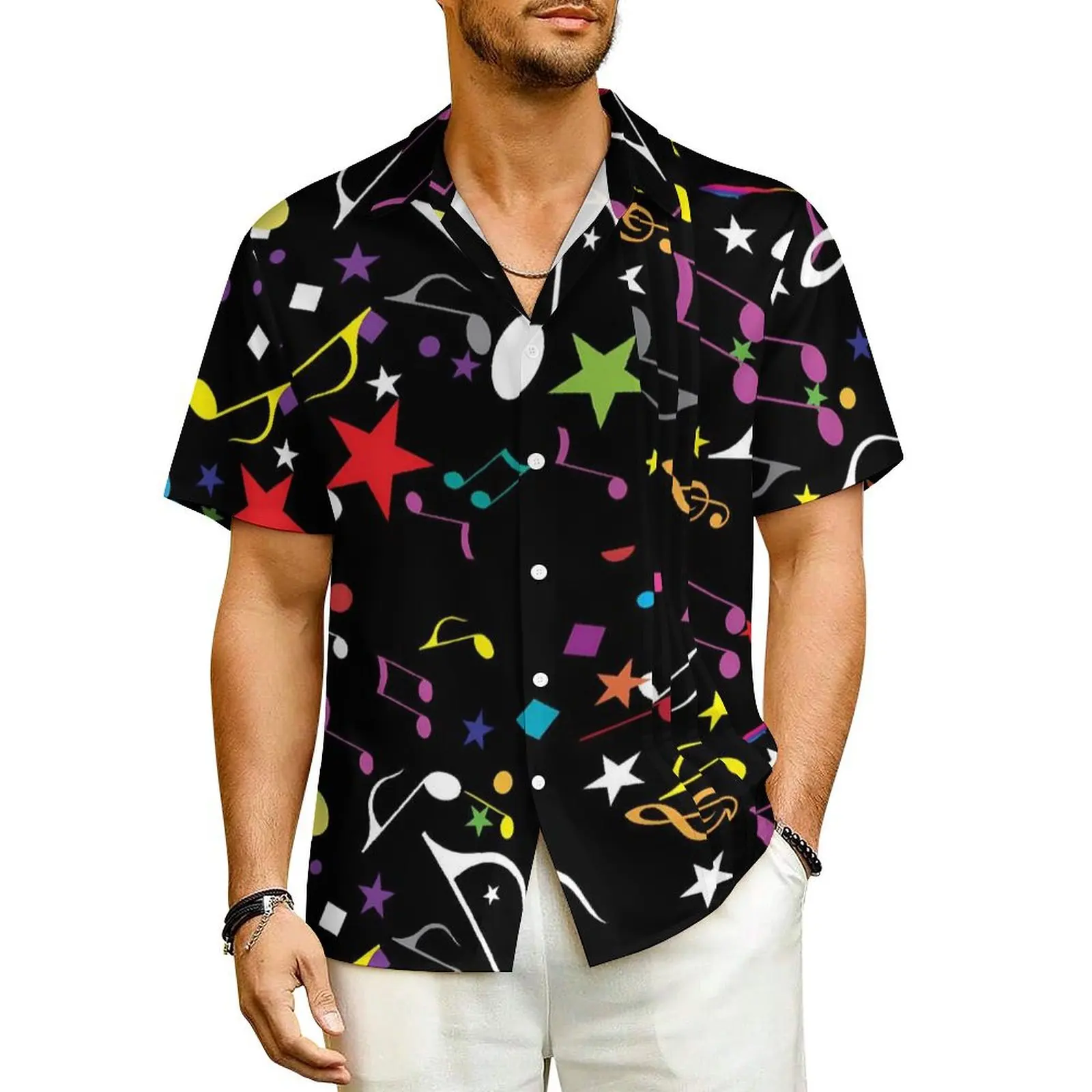 

Colorful Musical Notes Hawaiian Shirt For Man Beach Stars Print Casual Shirts Short-Sleeved Comfortable Novelty Oversize Blouses