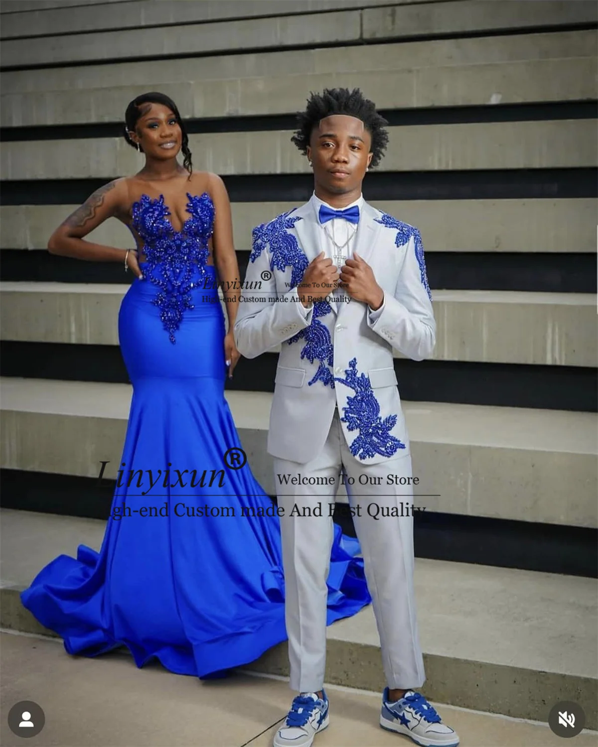 Black Girls Mermaid Prom Dresses Luxury Crystal Beaded Appliques Evening Party Gowns Royal Blue Stain Long vestidos de gala