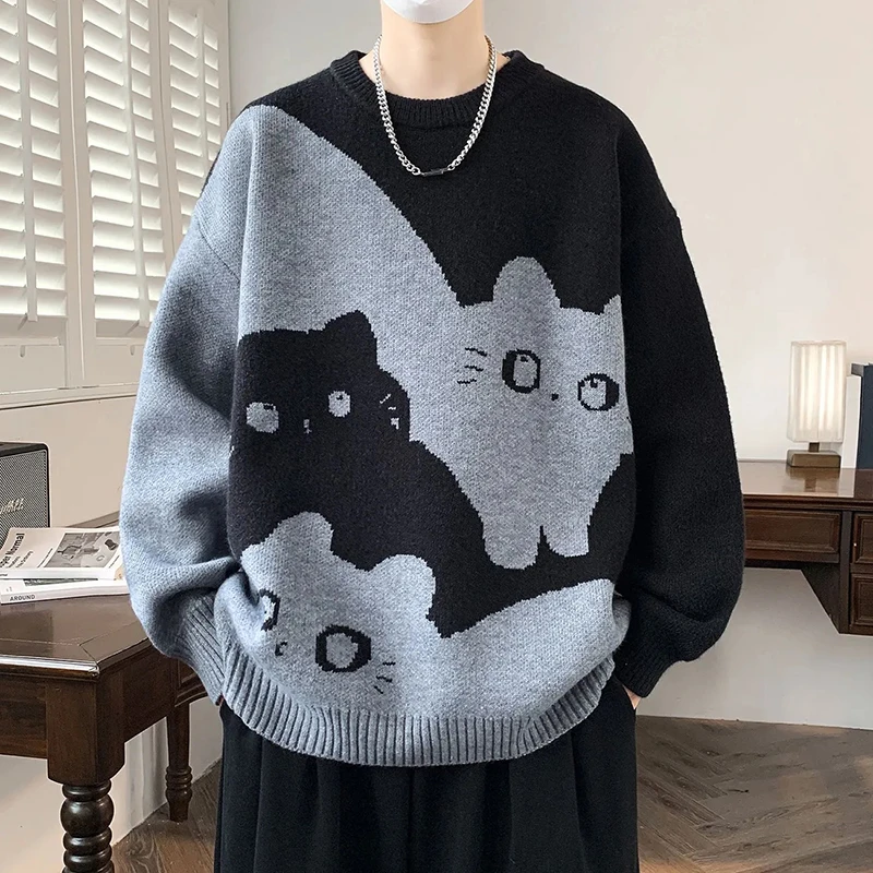 Cat Patchwork Knit Sweater Women Loose Casual Unisex Lazy Pullover Korean Street Long Sleeve Spring Fall Thick Warm O Neck Top