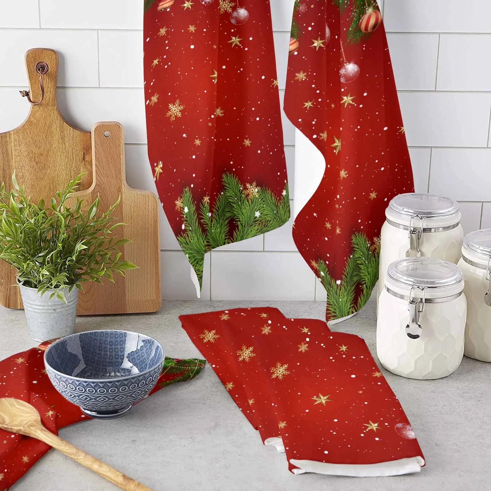 Christmas Light Balls Pine Branches Microfiber Towel Absorbent Kitchen Cleaning Cloth Dish Towel Household Cleaning Towel