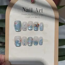 10Pcs Blue Handmade Press on Nails Full Cover Glitter Design Short Round False Nails Wearable Manicure Nail Tips Art For Summer