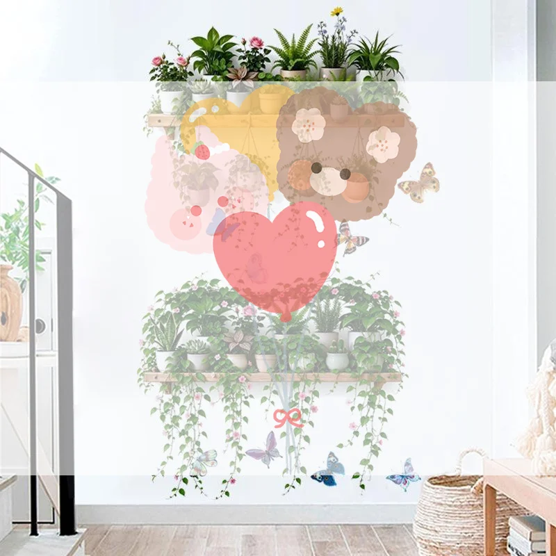 Potted Plant Flowers Leaves And Butterfly Wall Sticker Self-adhesive Cartoon Stickers Removable Kitchen Living Room Home Decor