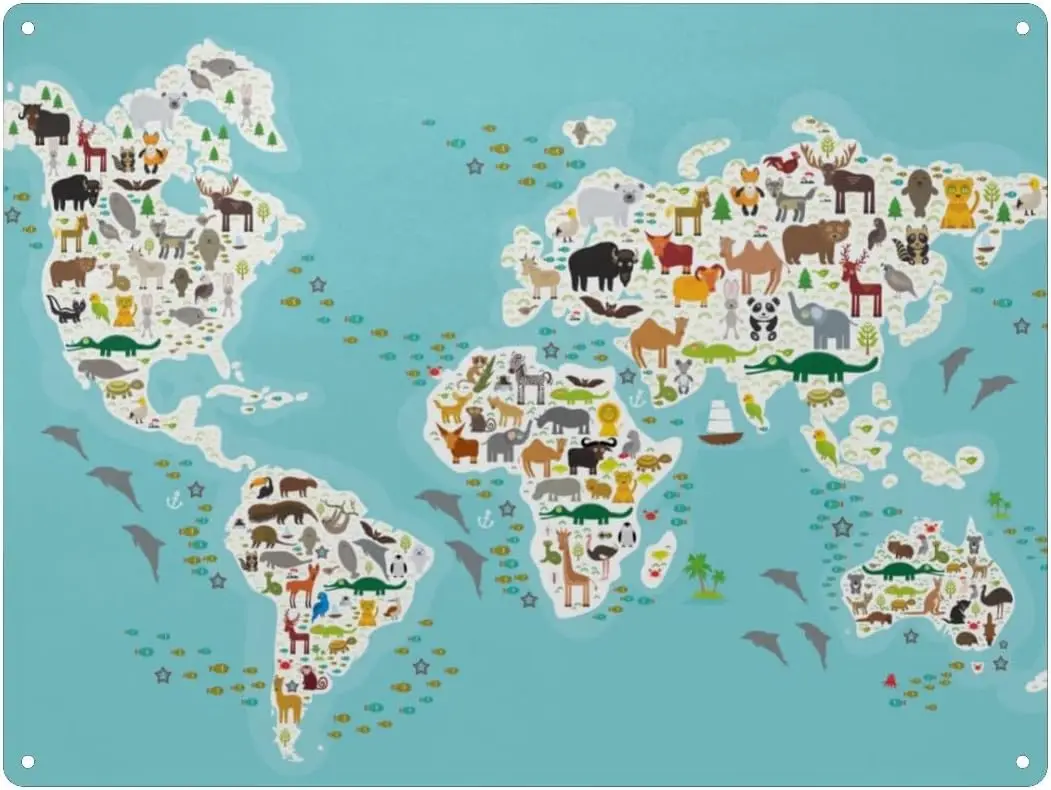 U1, металлическая жестяная вывескаsusiyo, карта мира с изображением мультяшных животных, настенный декор, художественные вывески для домашних кофейных ворот-баров-16x12 дюймов-алюминий