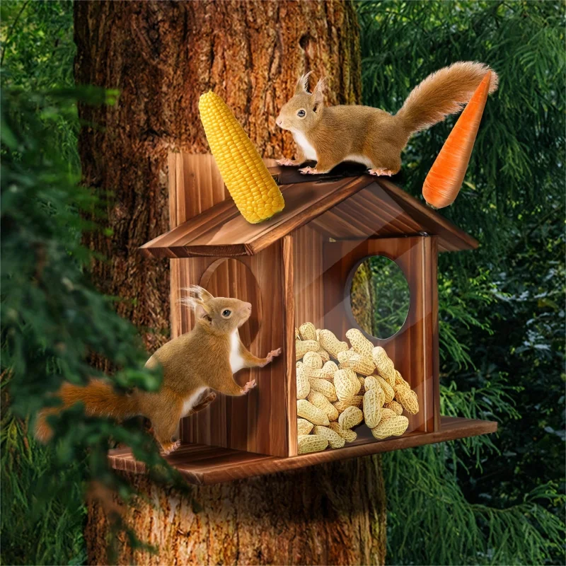 

Squirrels Wood Feeder Wall Hanging Squirrels Feeding House Box Wooden Chinchilla Feeder with Open Roof for Outside Food Feeder