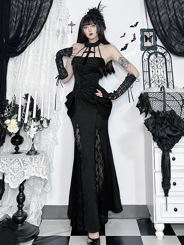 Costume gotico Sle loween Ne Hanging Dr da donna slim fit in vita lunga Dr sexy con cerniera a vita alta Bal
