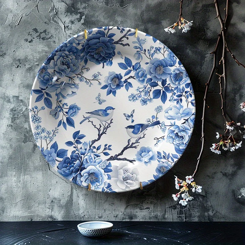 1 Stück blaue und weiße Vintage-Keramikteller mit handbemaltem Blumen- und Vogeldesign – runde Wandkunst-Dekoration für Zuhause, Wohnzimmer,