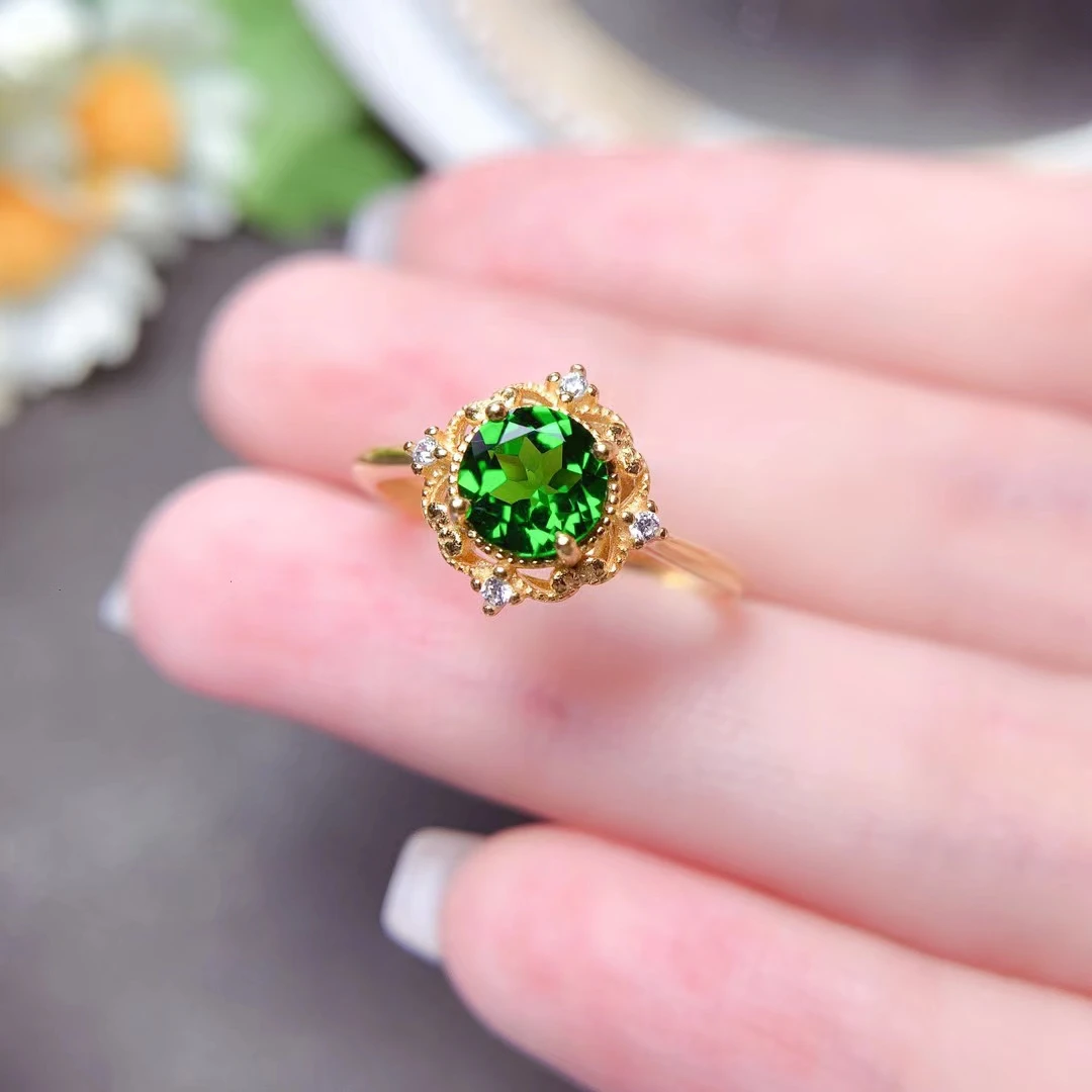 Women Ring Natural Diopside  Real 925 Silver Ring Yellow Gold Plated Special Craftmanship  Birthstone Good Gift