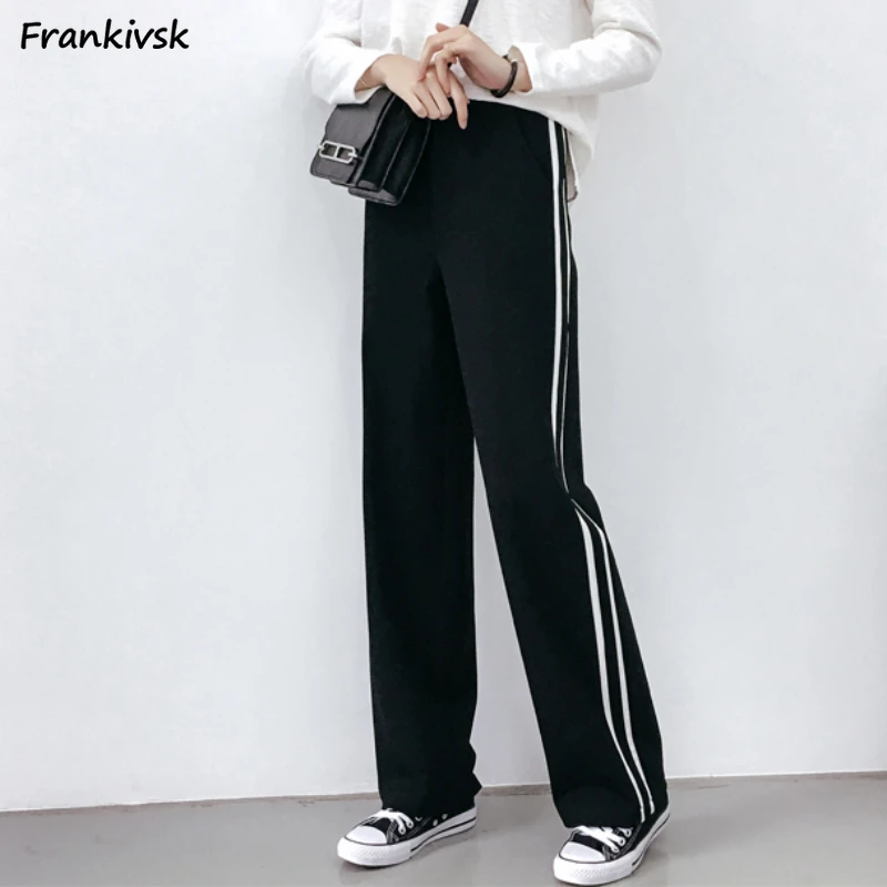 

Basics Pants Women Sporty Bodybuilding Straight Loose Korean Style Simple Side Stripe Daily Office Lady Elastic Minimalist S-3XL