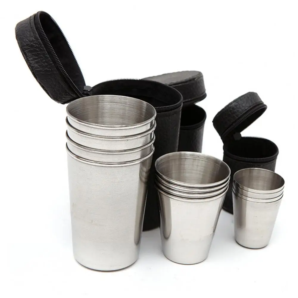 

4Pcs Portable Coffee Cup Polishing Process Not Easy to Fade Silver Color Durable Camping Mug for Home