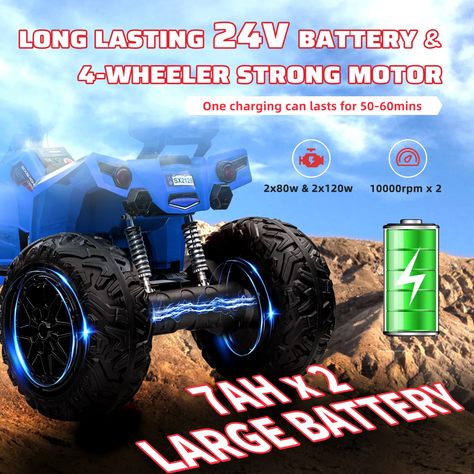 24V 4WD Kids Electric ATV Ride On Toys with LED Light Bluetooth Music Player Durable Design Car Toys for Children 3-6 Years