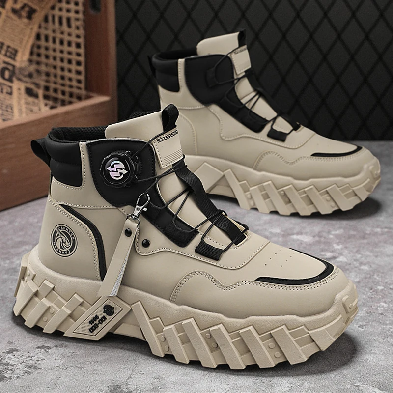 

Мужские рабочие ботинки в британском стиле, уличная походная обувь с вращающейся пряжкой, мужские нескользящие мотоциклетные ботинки на платформе для мужчин, ботильоны