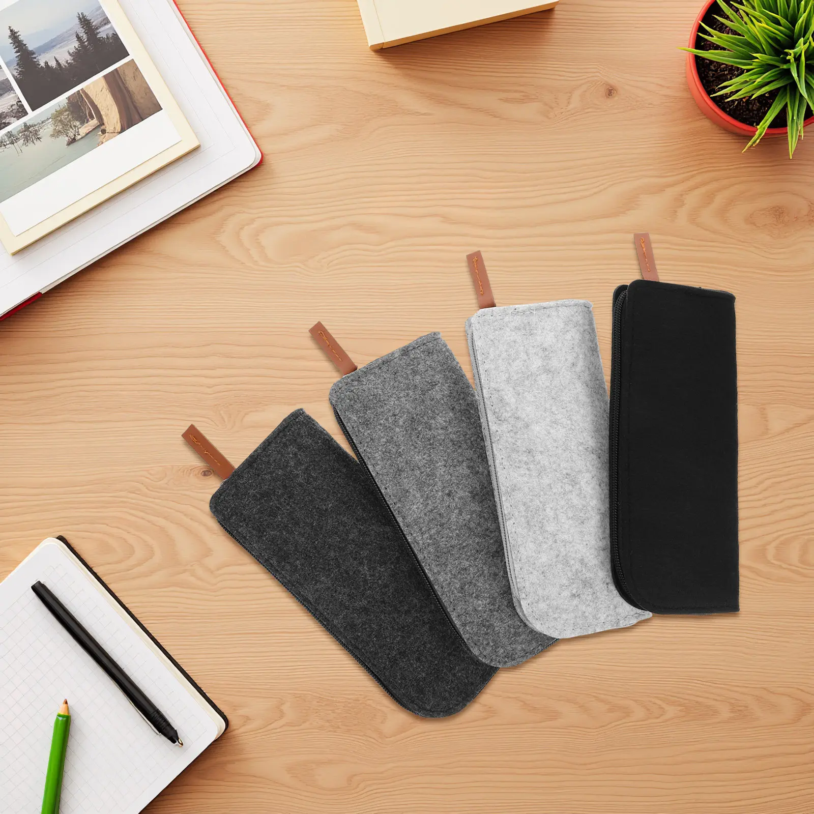 4Pcs Wear Resistant Felt Pencil Case Large Capacity Soft Zippered Pencil Pouch School Office Travel Stationery Organizer Teens