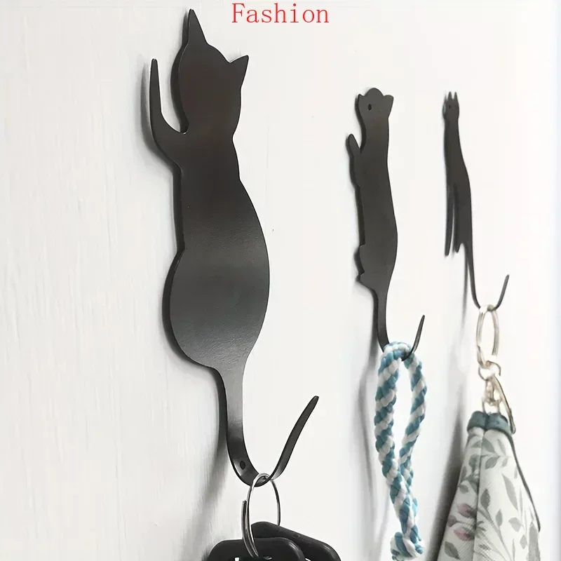 

3pcs Cute Cat Design Metal Keys Hook,Simple Robe & Towel Hook, Nail-free Punch-free Strong Adhesive Hook Wall Hanging Decoration