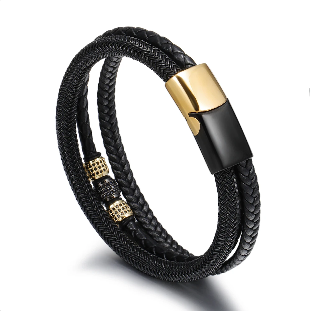 ZG Bracelets for Men Multi-layer Steel Wire Braided Trend Retro Magnet Buckle Micro-inlaid Zircon Leather Bangle Male jewelry