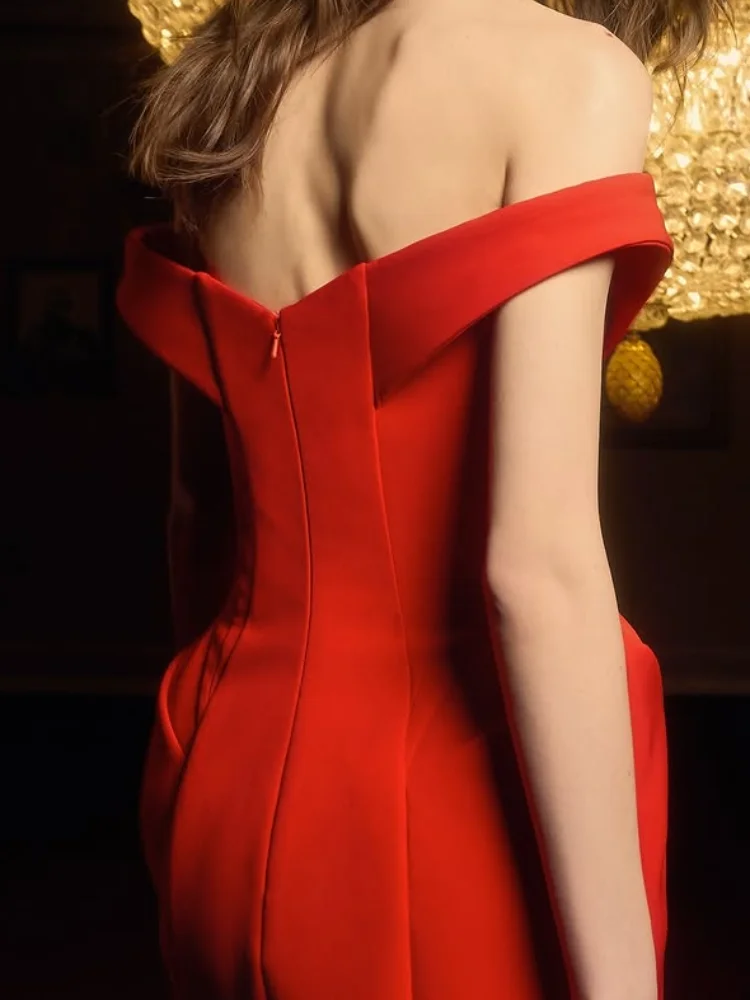 Sexy Solid Color Off-shoulder V-neck Strapless Mini Dress Women Slim Waist Cinching Backless Gown Lady Party Evening Short Gown