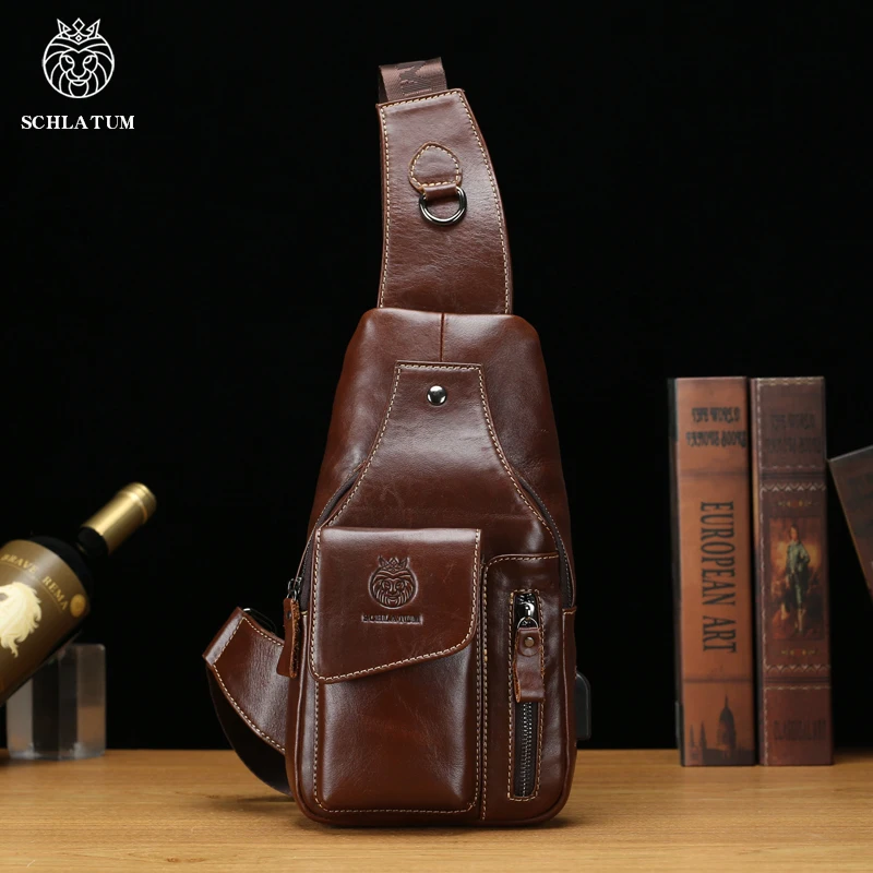 SCHLATUM-bolso cruzado de piel de vaca 100% auténtica para hombre, bandolera de pecho con USB, de gran capacidad, Retro, a la moda