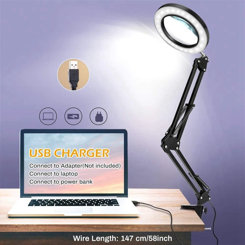 LED USB Desk Lamp LED Folding Cantilever Bracket Adjustable With 5X LED Magnifying Glass (S)