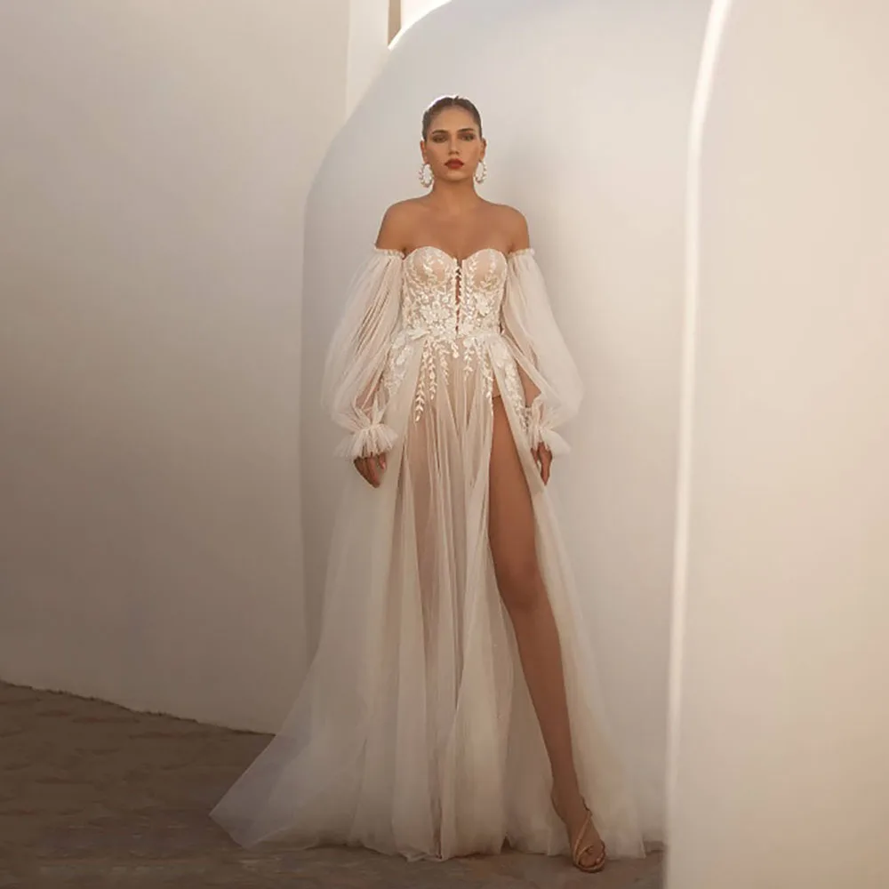 

Msikoods Boho Wedding Dress Off Shoulder Puffy Sleeves Wedding Gown Slit Illusion Lace Appliques Sexy Bridal Gown Customized