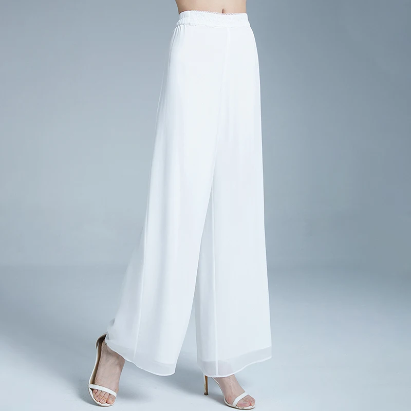 

95% Silk 5% Spandex Wide Leg Pants Women Simple Design Solid 2 Colors Elastic Waist Trousers New Fashion