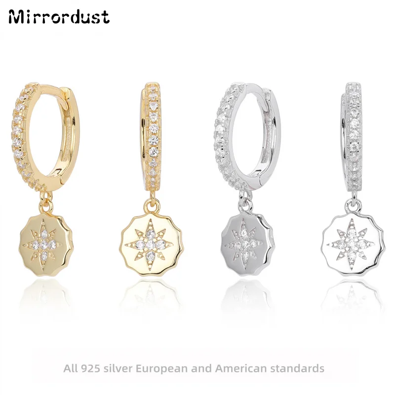

【Mirrordust】s925 Элегантные модные серьги из чистого серебра с микроинкрустацией камнем и восьмиконечной звездой, универсальные высококачественные зажимы для ушей
