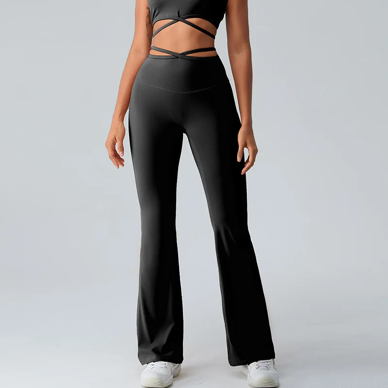 Waist Strap Cross Yoga Pants Women's Naked High Waist Micro Rage Wide Leg Pants Running Sports Fitness Yoga Clothes