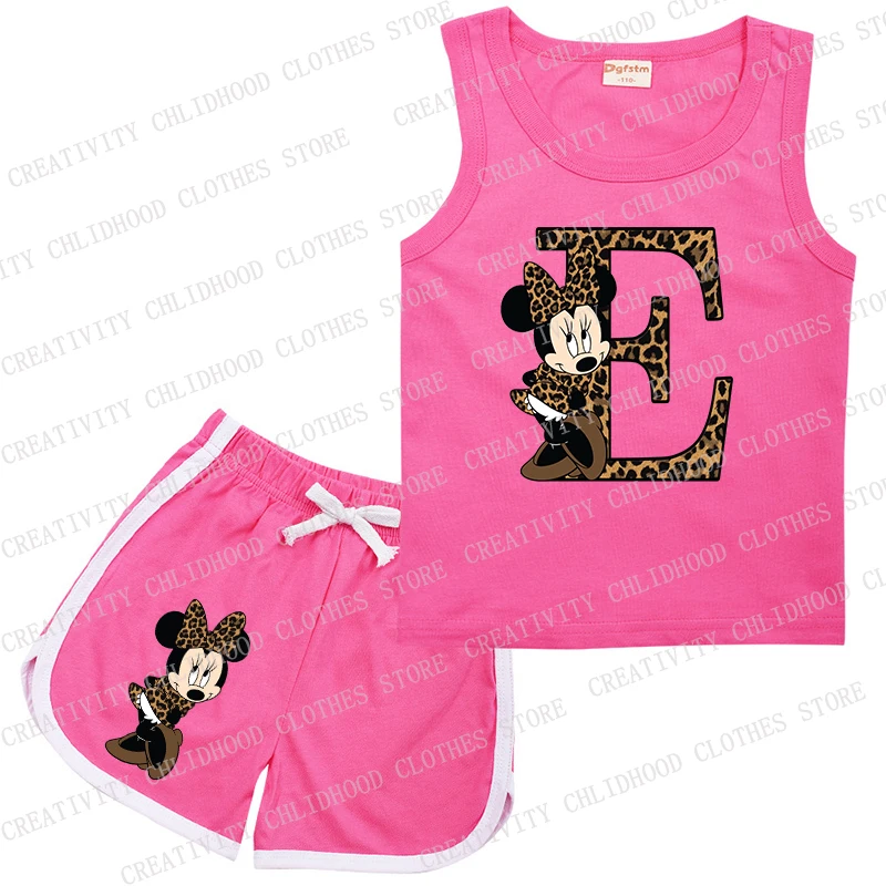 Kids Sports Sets Minnie Leopard Letter ABCD Children Disney Suit Vest & Shorts Casual Clothes Sleeveless for Girl Boy 2Pcs Wear