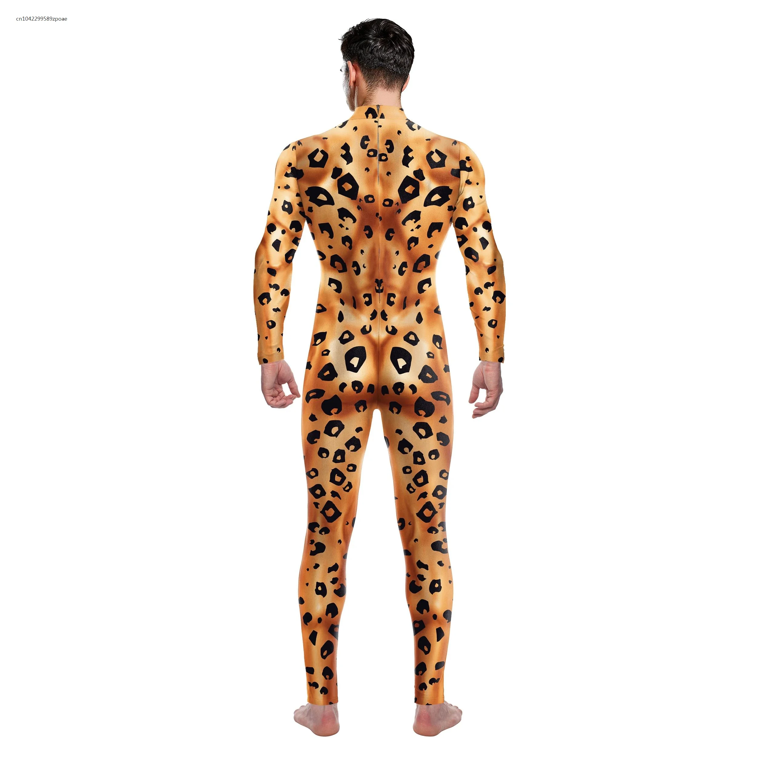 Cosplay Animal Women Long Sleeve Jumpsuit Leopard Pattern Bodysuits Halloween Purim Carnival Zentai Bodysuit Dress Up Outfits