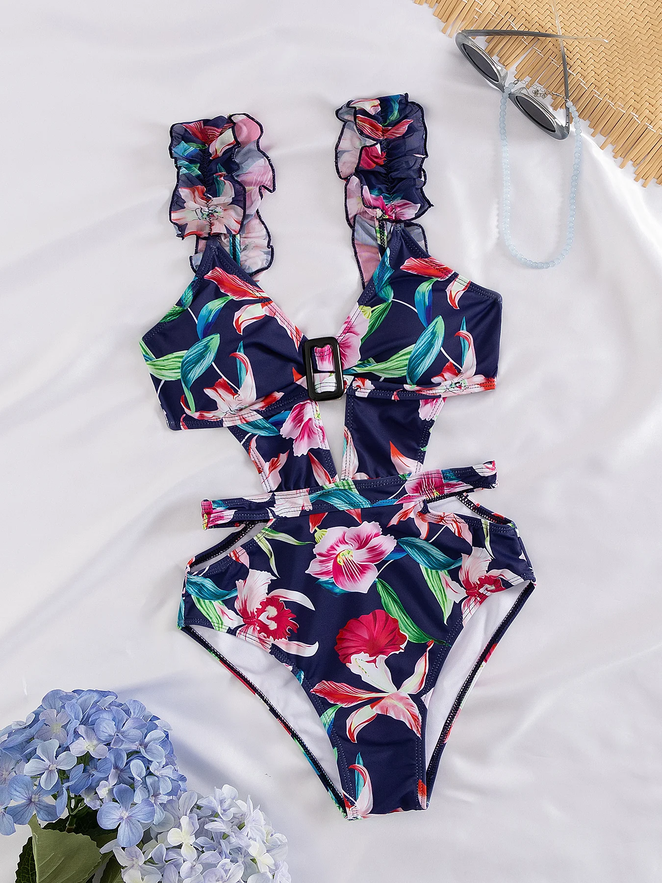 

2025 Sexy Swimsuit Black Base with Bold Floral Print Ruffle Shoulder Perfect for Beach Wear and Pool Parties Summer Beachwear