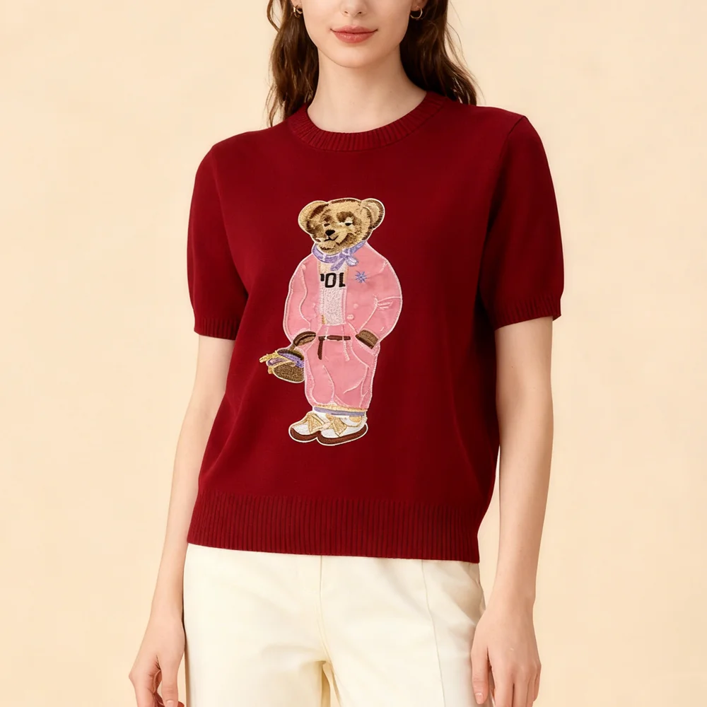 เสื้อสเวตเตอร์ถักไหมพรมผู้หญิงสไตล์เกาหลีลายการ์ตูนปักแขนสั้นเนื้อบางเบาใส่สบายสำหรับฤดูร้อน