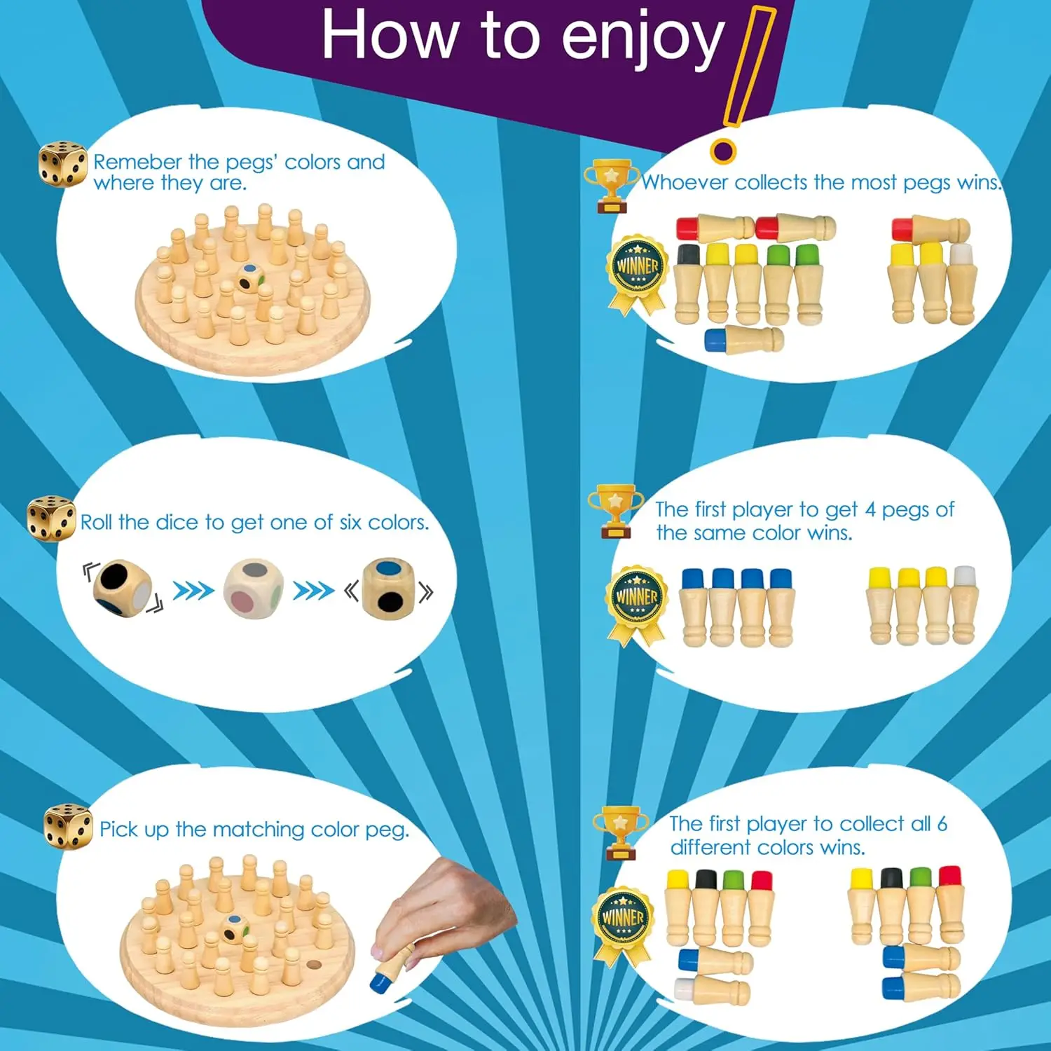 Nieuw houten Montessori Memory Matching Game, Color & Stick schaakbordpuzzel voor kinderen, educatief speelgoed voor kinderen