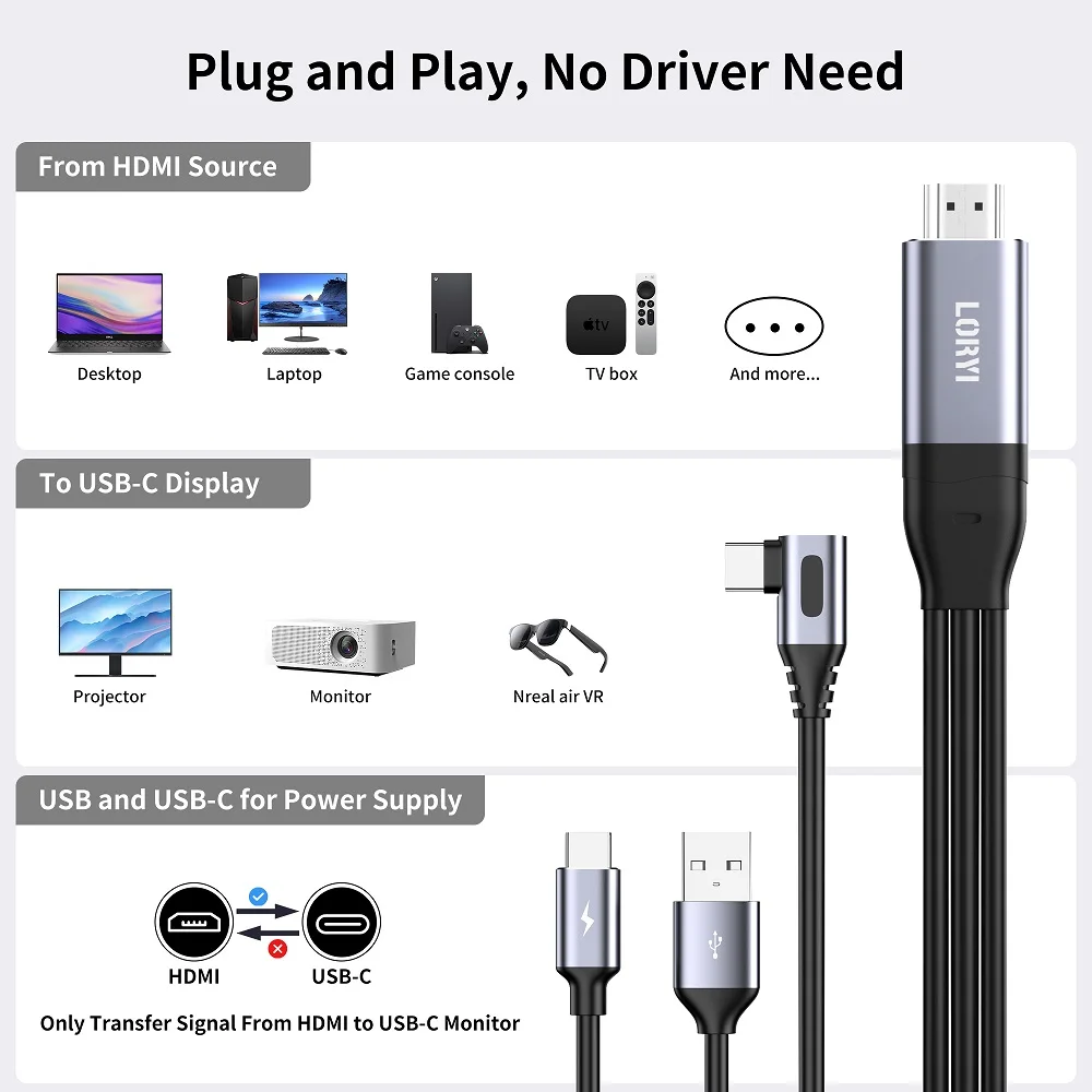 LORYI 8.2Ft HDMI TO USB C Cable 4K/60Hz Support Touch Control 90° Design HDMI to Type C Display Cable For Monitor Xreal Xbox PS5