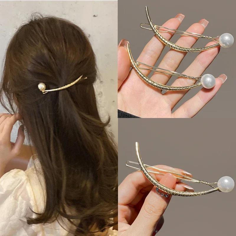 

Vintage Pearl Arc Hair Clip Spring Clip Frog Buckle Hairpins for Woman Girls Geometric Grasping Clip Headwear Hair Accessories