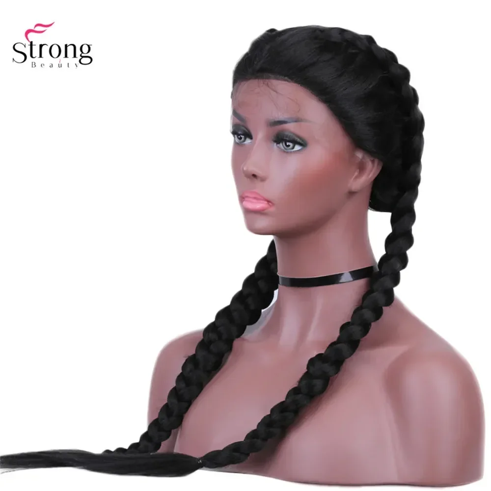 Strongbeauty-合成レースフロントウィッグ,2つのフレンチ編組,女性用の長い黒のベビーヘア