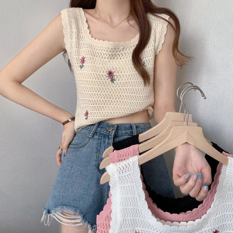 

Summer Knitted Tank Top Hollow Out Sleeveless Camis Vest Thin Basic Ice Silk Camisoles TanksSummer Pregnant Woman Cover Up