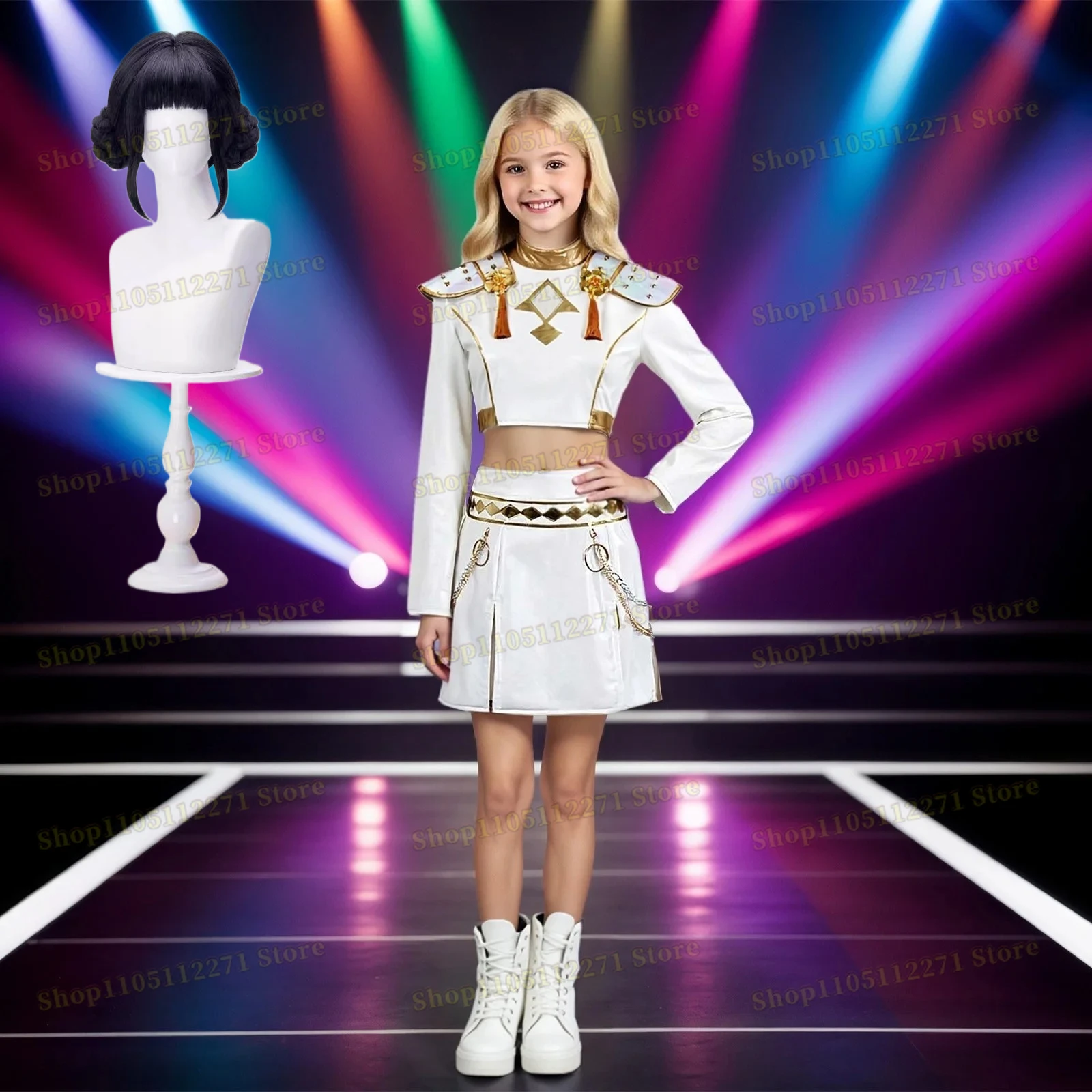 

Kids Girl Demon Hunters Cosplay Rumi Mira Zoey White Uniform Costume or Wig