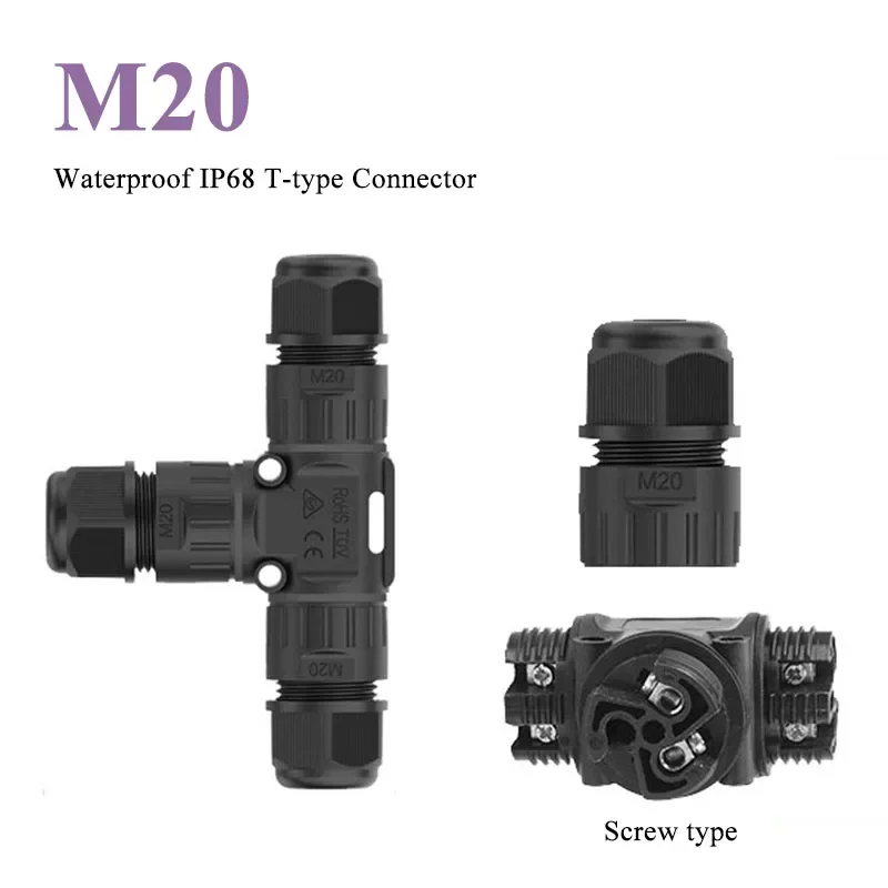 Waterproof M20 T-type Cable Connector IP68 3 Way 2Pin 3Pin Nylon Plastic Wire Connector Outdoor LED Lighting Power Junction Box