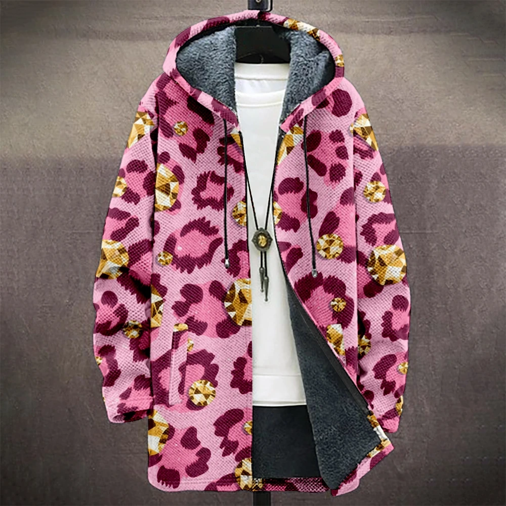 

Multi-Color Leopard Print Hooded Coat Diamond Patterns Warm Faux-Fur Lined Streetwear Jacket for Men and Women Fashion Trend