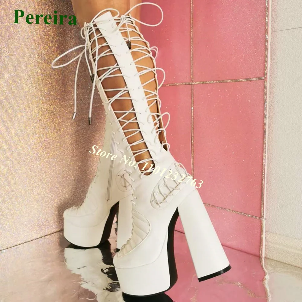 Lace Up Platform White Sandal Boots 2022 Round Toe Gladiator Block Heel Knee High Cross Tied High Heels Big Size 46 Summer Sexy