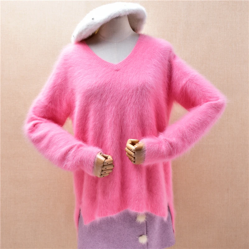 

Ladies Women Autumn Winter Clothing Fashion Pink Hairy Mink Cashmere Knitted V-Neck Long Sleeves Split Loose Pullover Sweater