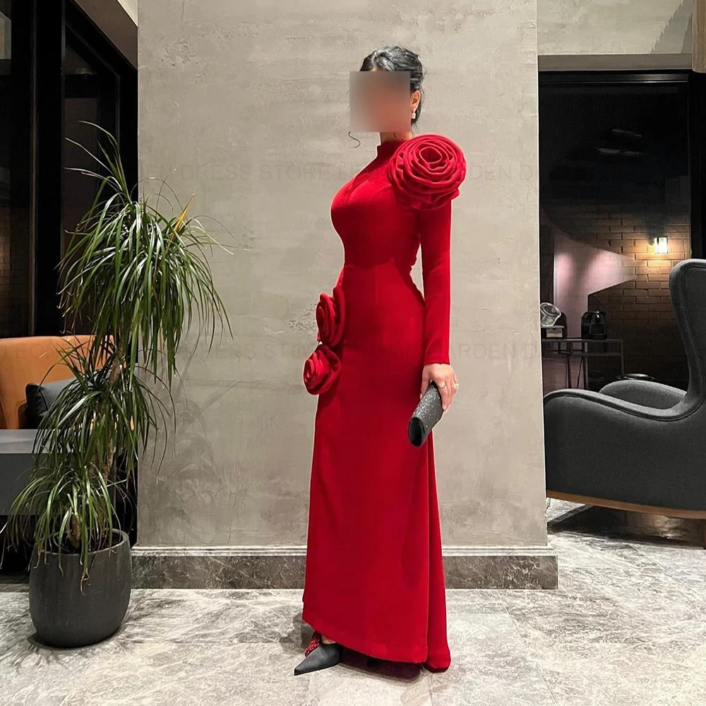 LEONID Muslim Red Elegant Party Evening Gowns 2024 Mermaid High Neck Pleated 3D Flowers Long Formal Occasion Dresses Prom Dress