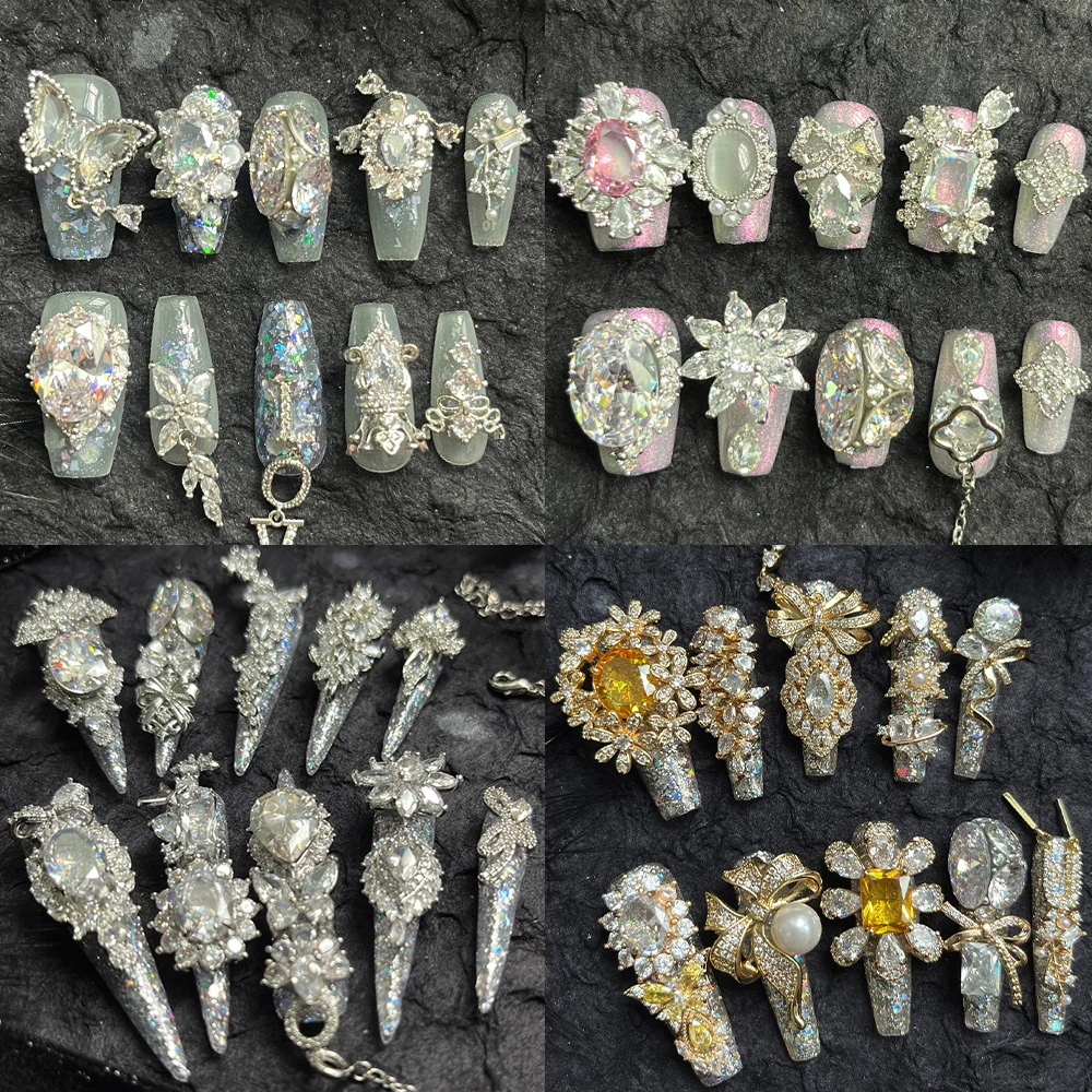 

10Pcs Luxury Shining Colorful Diamond Handmade Square Stilettos Full Cover Nails Flowers Butterfly Pearl Wearable Press On Nails