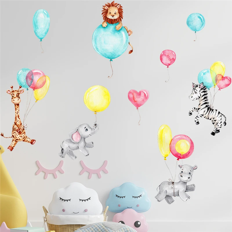 Cute Lion Giraffe Zebra Colorful Balloon Wall Sticker For Home Decoration Cartoon Animals Mural Art Kids Room Decal Pvc Poster