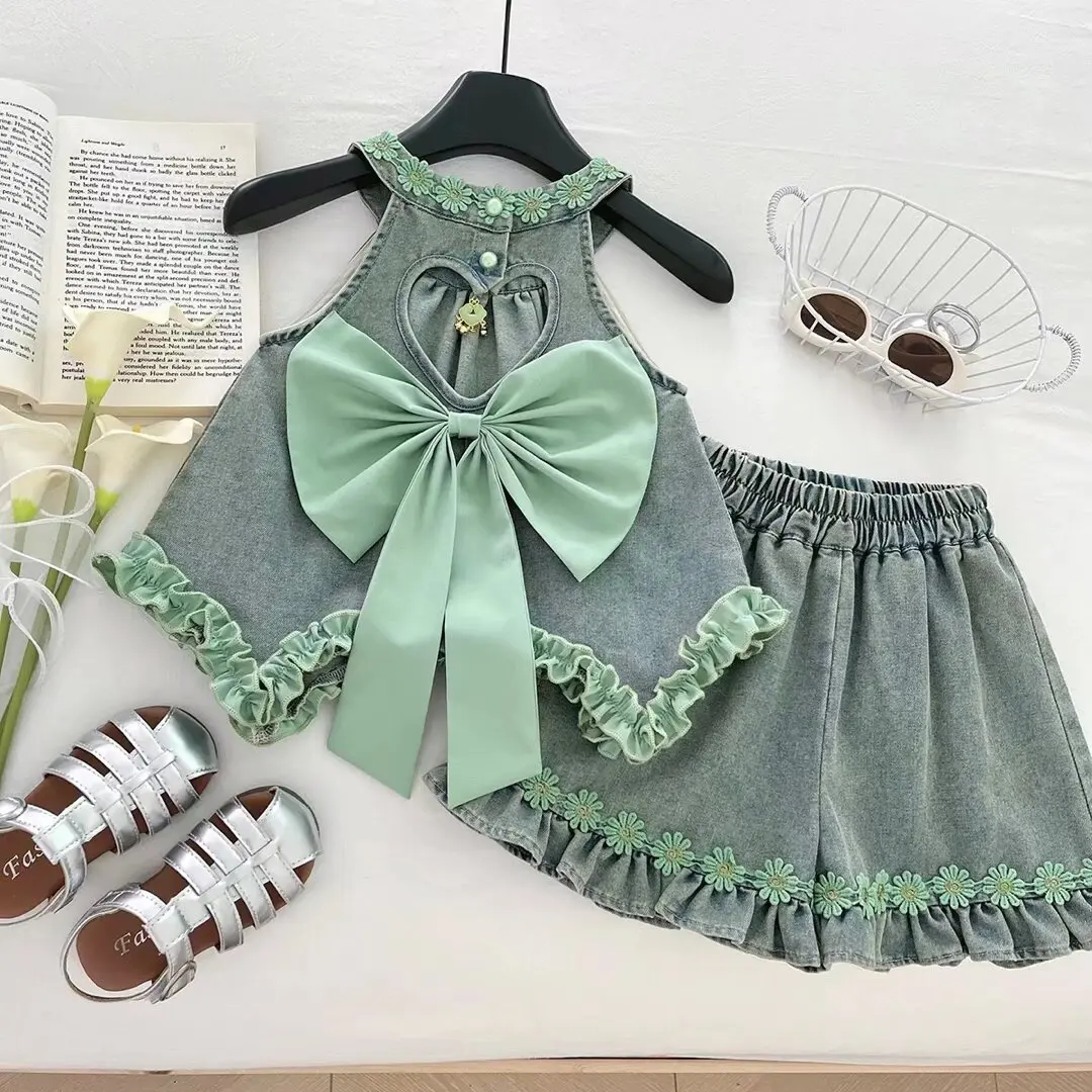 Sweet Girls Clothes Set Bow Flower Heart-shaped Hollow Out Sleeveless Top+Shorts Fashionable Street Style Kids Wear