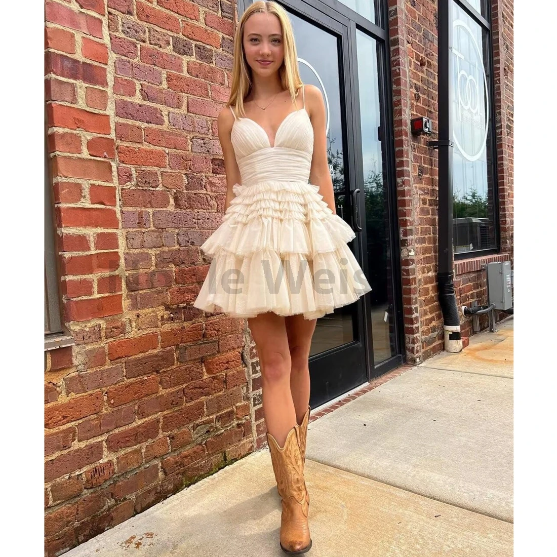 V-Neck Pleated Tulle A-Line Prom Dresses Short Party Gowns Customize