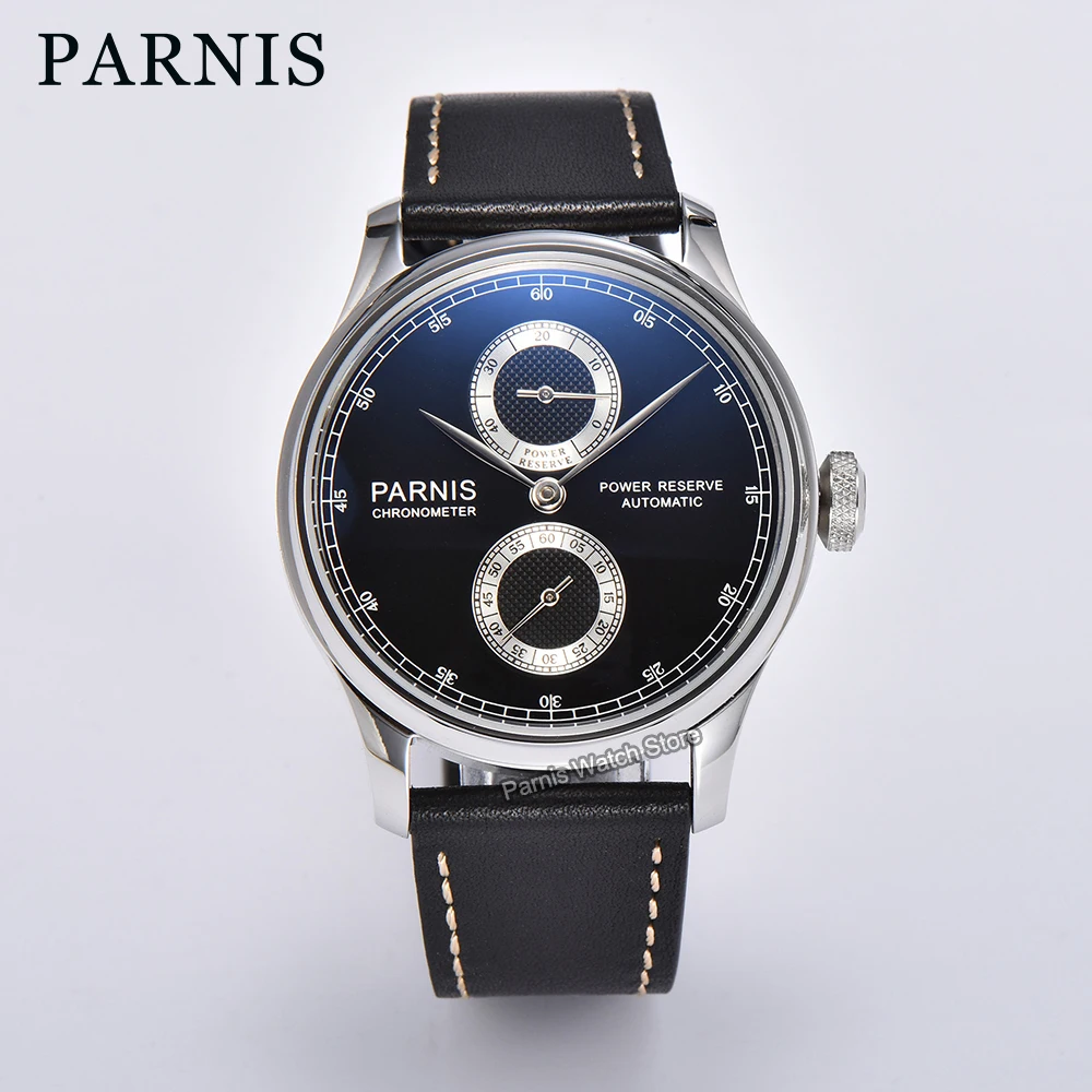 Reloj de pulsera para hombre Parnis de 42,5 mm con reserva de marcha, esfera azul, marcas plateadas, movimiento automático y correa de cuero negro