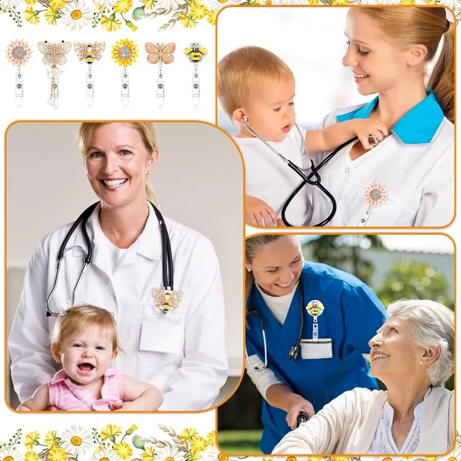 6 Pieces  Badge Reels Retractable Rhinestone Butterfly Badge Holders with Alligator Clip Bling Sunflower Bee ID Name Card Holde