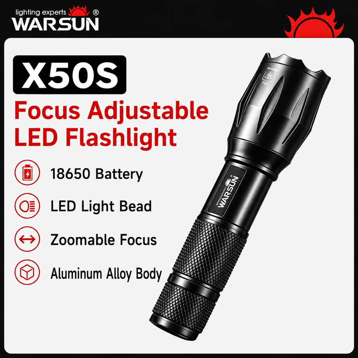 WARSUN X50S High-Power Rechargeable Flashlight, Long-Distance Zoomable Laser Spotlight for Camping, Work, Patrol and Emergencies
